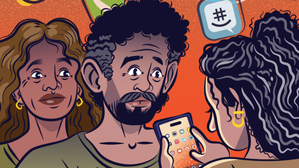 Cartoon-like illustration of worried parents looking at a teen who is accessing apps on her cell phone. App logos float in the air around them.