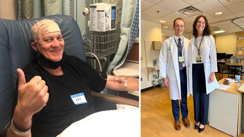 Brain cancer patient gives thumbs up; smiling doctors pose at left