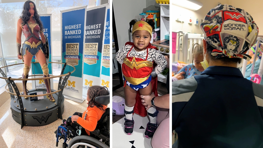 Three year old patient poses by Wonder Woman statue, wears costume