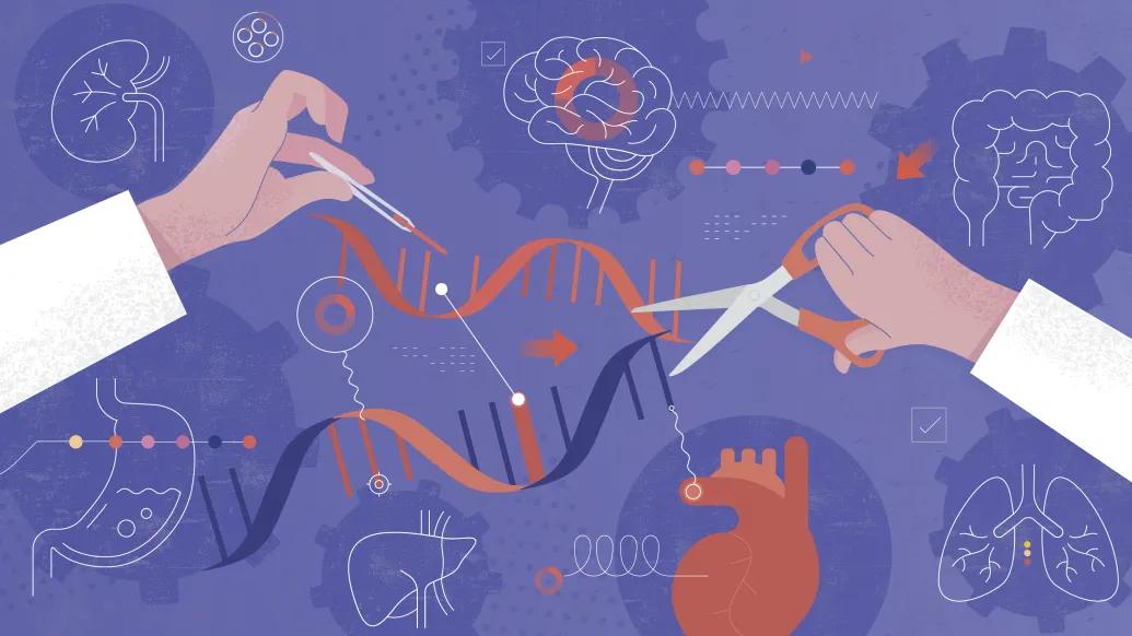 cutting dna strings scientist white coat purple background