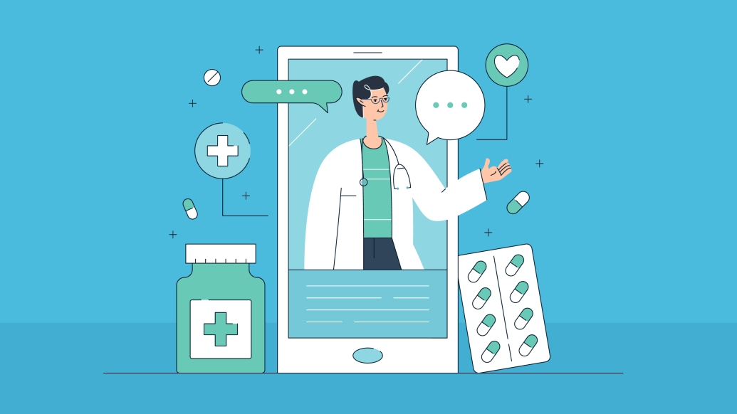 Illustration of physician with prescriptions, indicating online options
