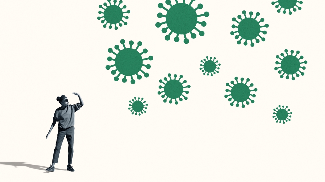 Girl shielding eyes from virus illustration