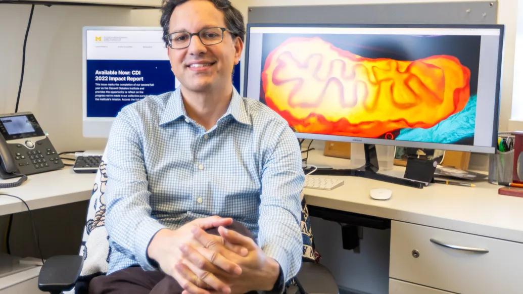 Scott Soleimanpour, M.D., sits in front of a computer screen picturing beta cells