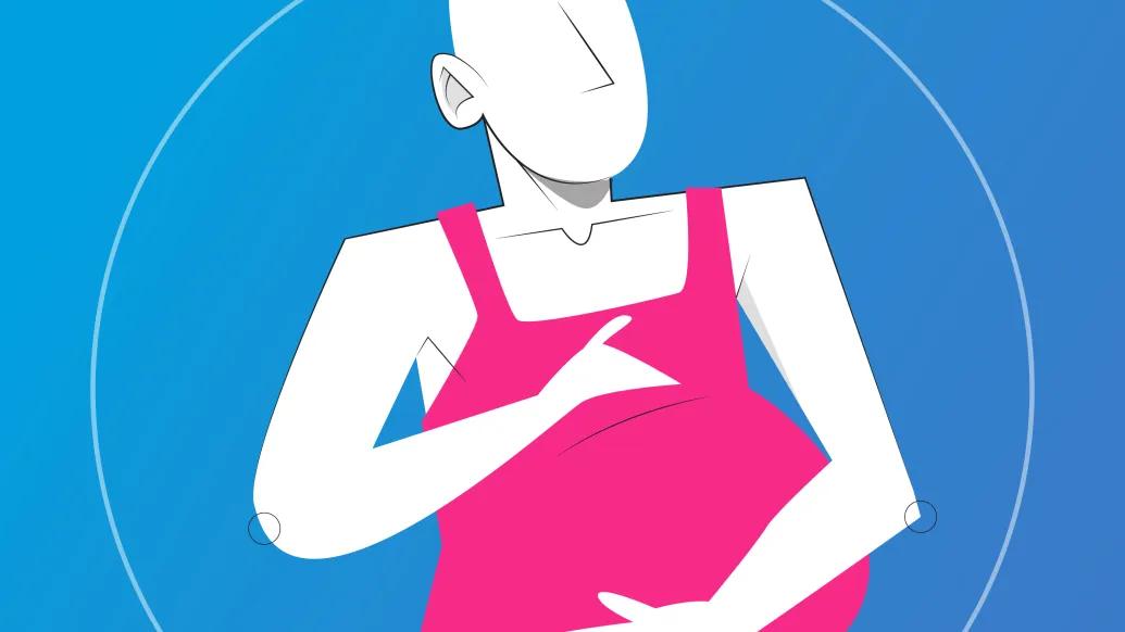 person with pink shirt blue background pregnant