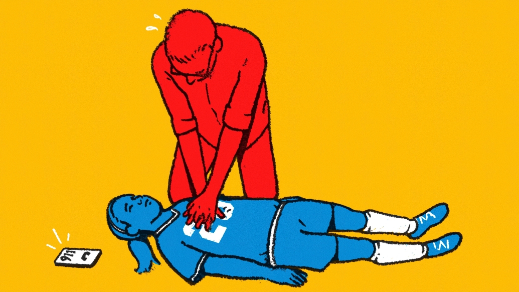 Adult performs CPR on a young athlete, illustration with red and blue figures