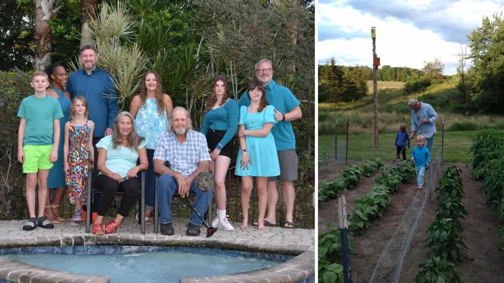 Don Reynolds, seated at right, and his family gather together. Reynolds can garden with his grandchildren after a successful treatment with Pluvicto. Photos courtesy of the Reynolds family
