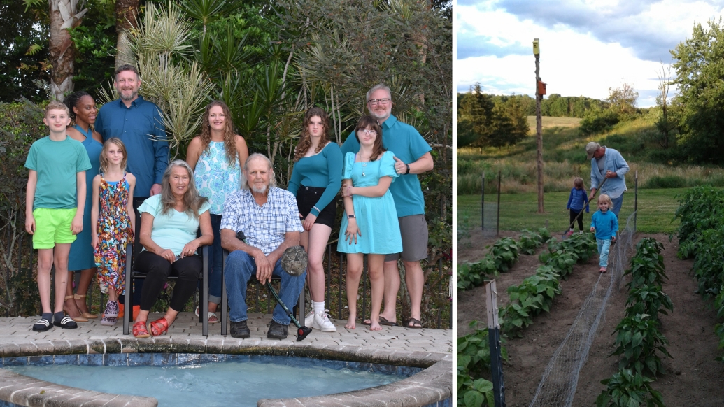 Don Reynolds, seated at right, and his family gather together. Reynolds can garden with his grandchildren after a successful treatment with Pluvicto. Photos courtesy of the Reynolds family