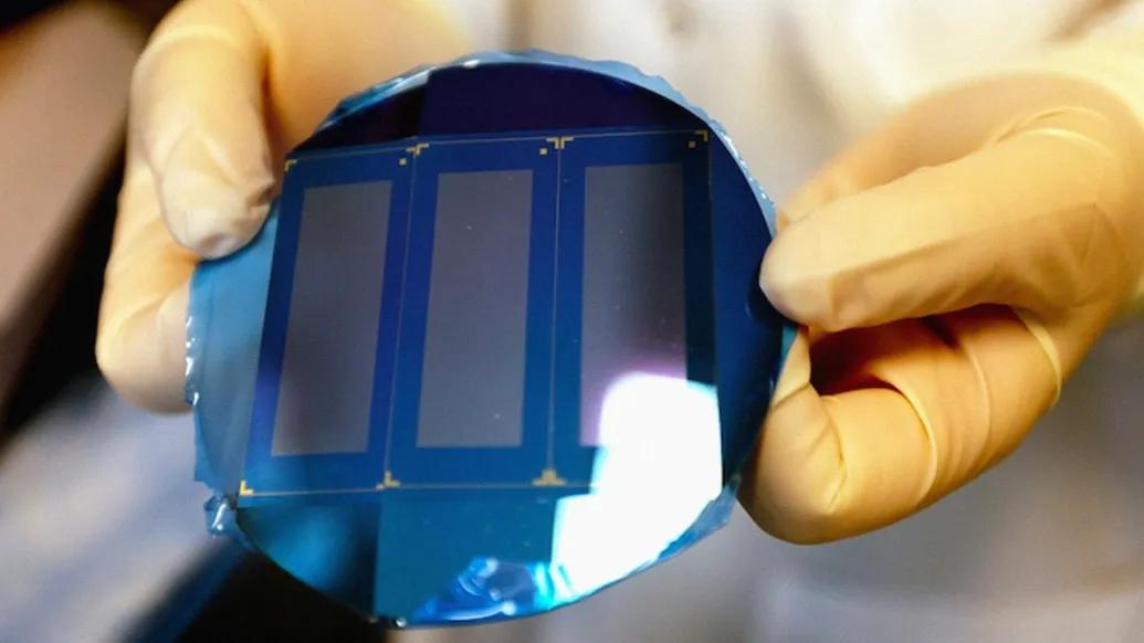Gloved hands holding silicone chips used in cancer research