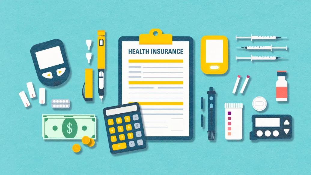 Graphic with diabetes management supplies, a clipboard that reads health insurance, a calculator and money