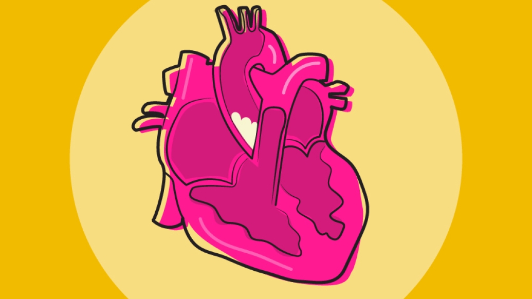 Illustration of a magenta heart with white plaque on a golden background.