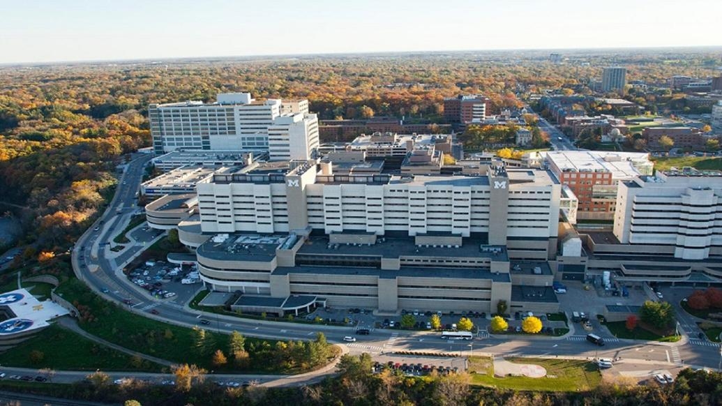 Aerial view of University of Michigan Health hospital in Ann Arbor, Michigan.