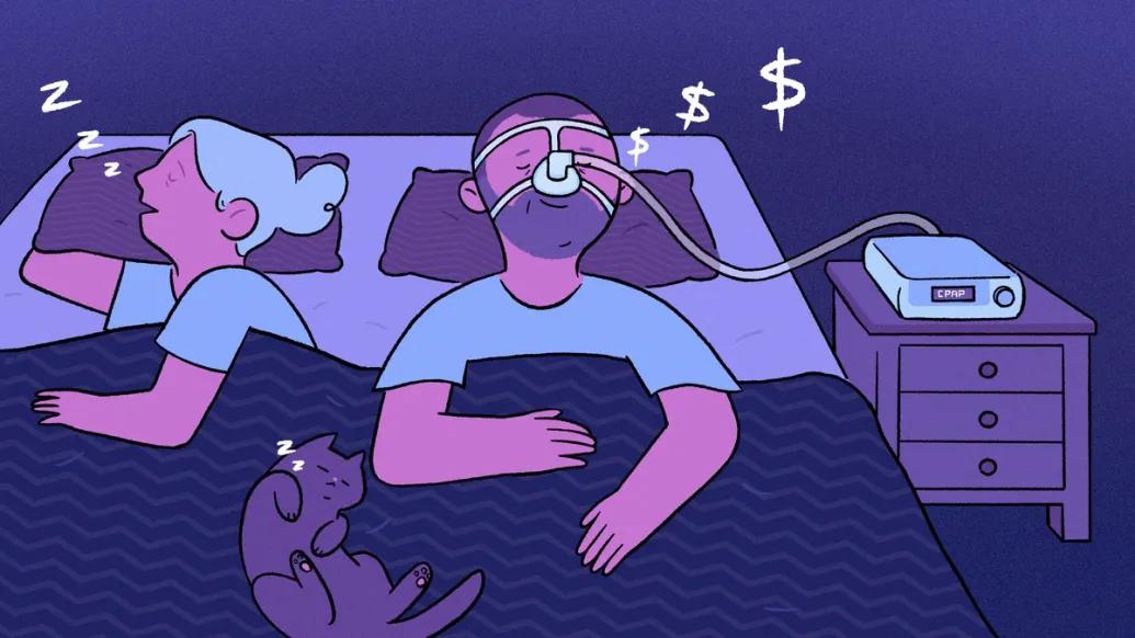 illustration of man sleeping in bed with CPAP machine on