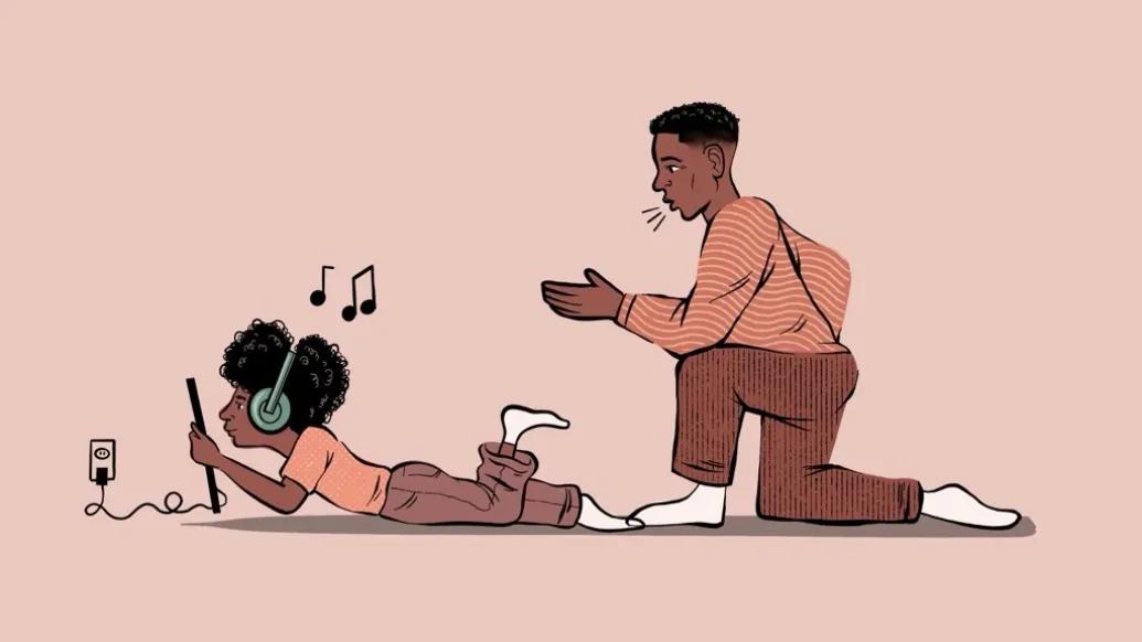 Drawing of parent trying to get child's attention who is listening to music on headphones