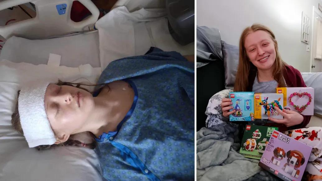 Patient lies in hospital bed after surgery with bandage on head, displays toys later after recovery