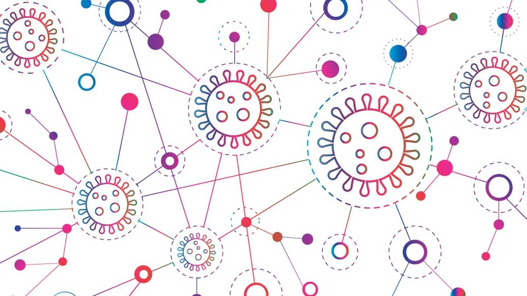 Pink, blue, purple illustration of COVID-19 virus