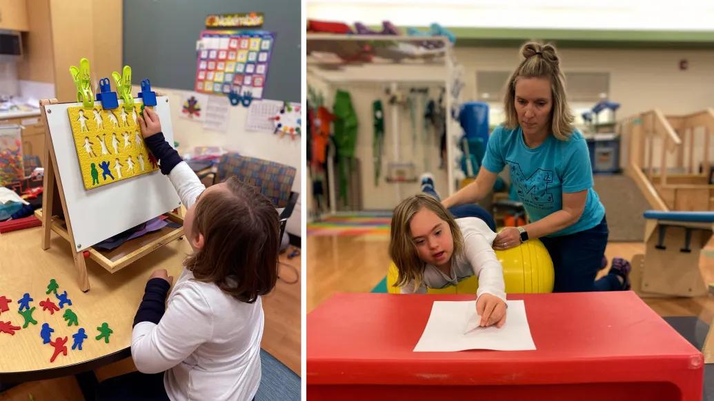 Girl participates in rehab activities, playing with shapes on a board and using an exercise ball