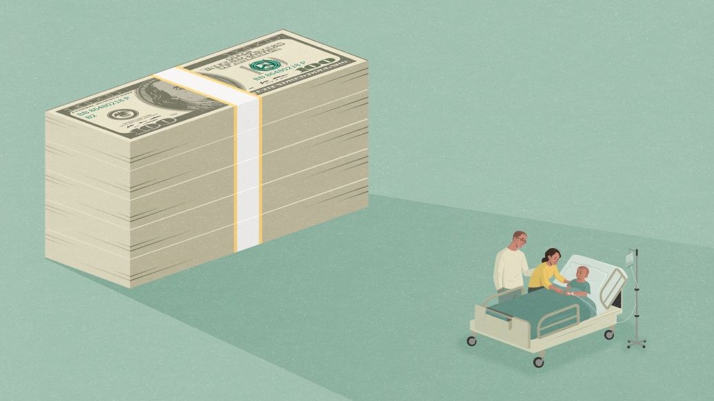 illustration of large pile of cash bills casting a shadow on parents next to a child in a hospital bed