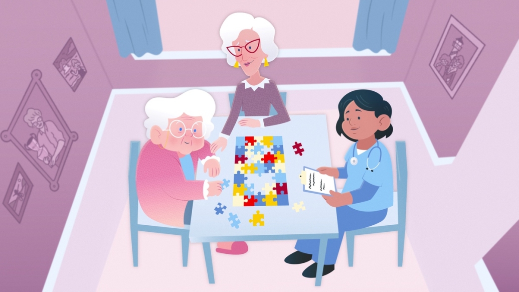 Illustration of three older women playing cards at a table