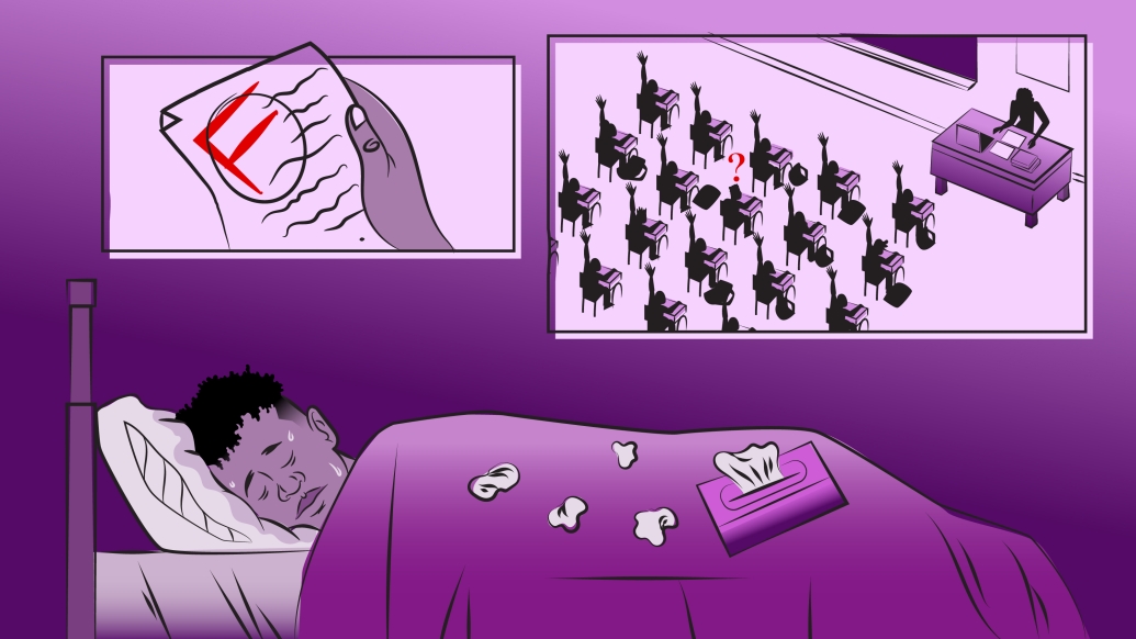 Illustration of teenager lying in bed while images above depict an F grade on paper and classroom