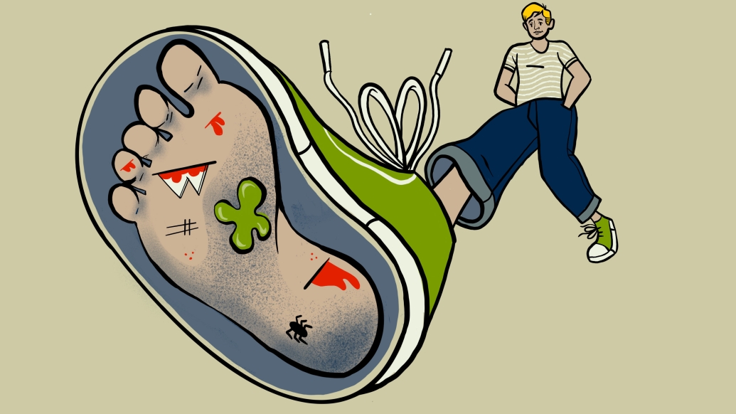 Illustration of shoe without its sole and cuts and germs all over the bottom of the foot