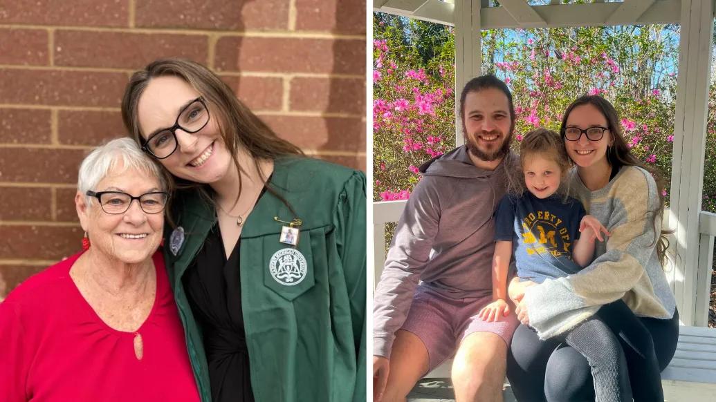 Woman poses with her family and after her college graduation
