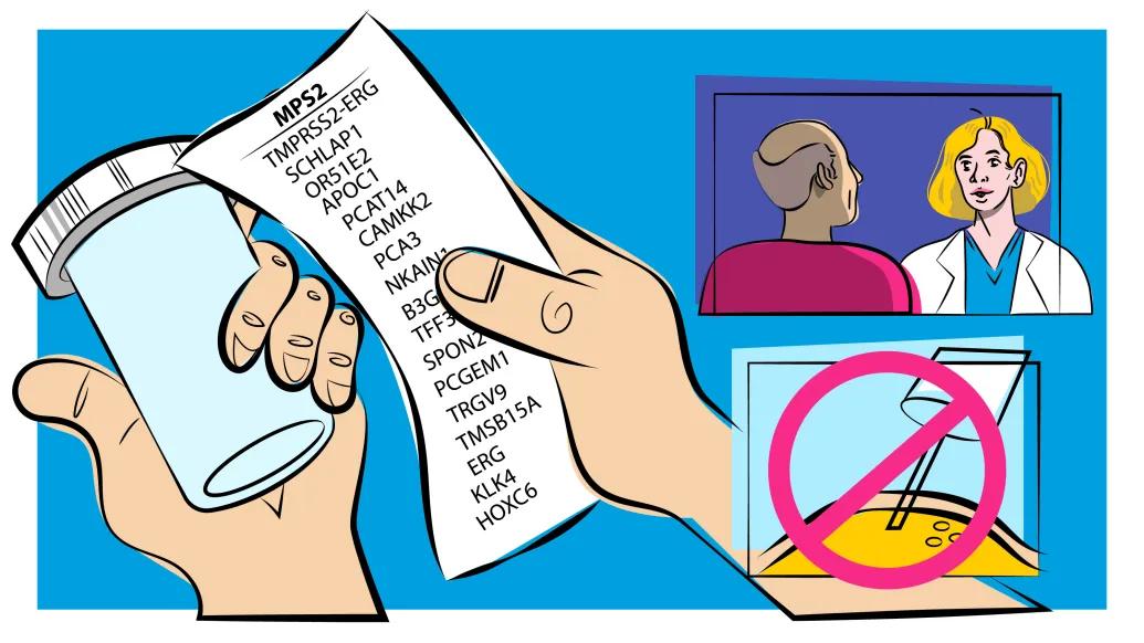 Illustration of hand holding list, with pill bottle in opposite and and small pic of doctor talking to patient