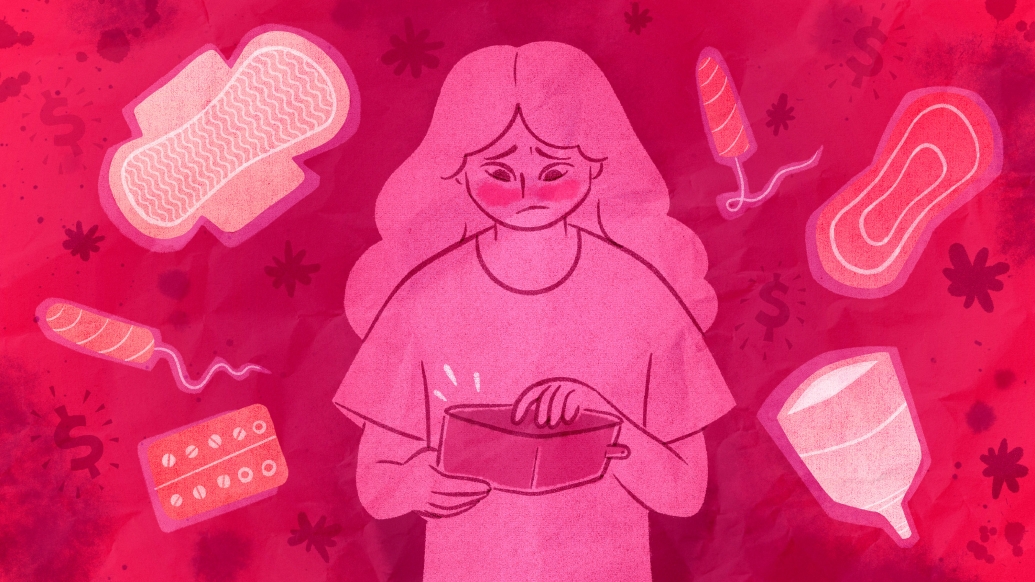 Illustration in red and pink hues of a teen girl embarrassed she doesn't have money in her wallet for period-related products