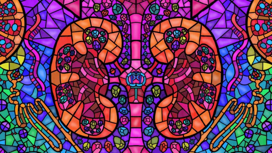 stained glass green blue purple orange pink 