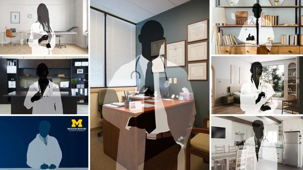 zoom screens with 7 different backgrounds and doctor silhouettes outlined in each