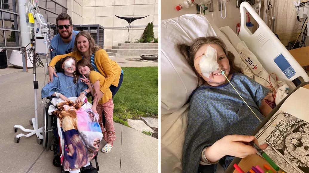 daughter with family in wheel chair and IV pole and daughter with eye covering in picture on right
