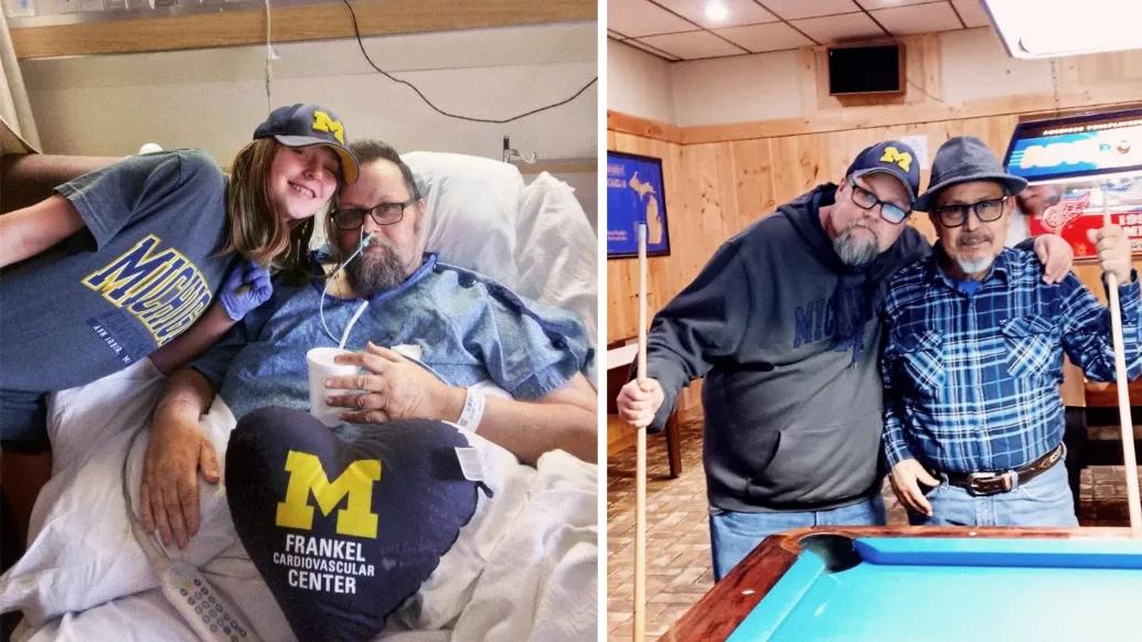 daughter and dad in hospital room smiling with um shirt held and on right man posing with friend