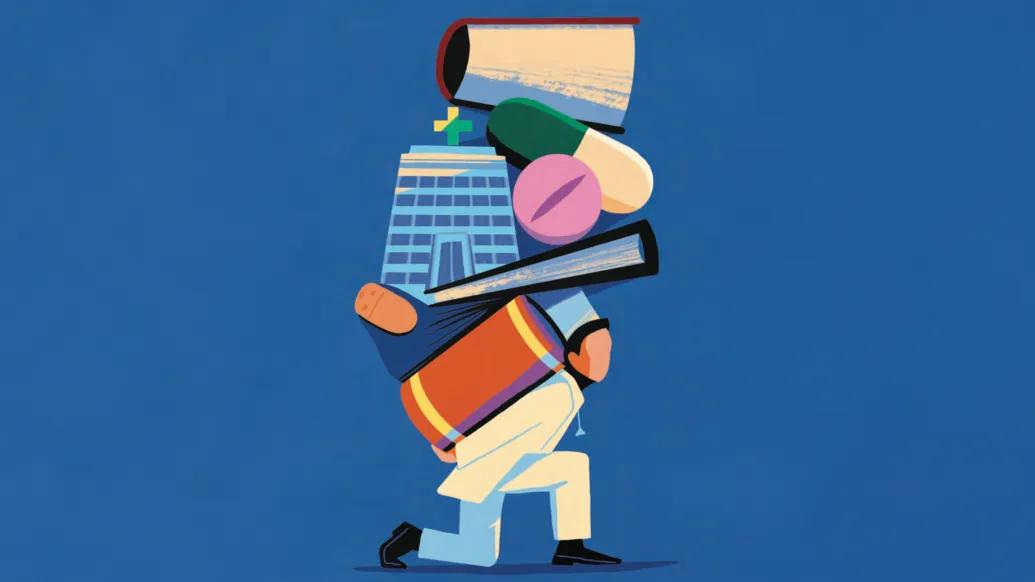 Illustration of a doctor weighed down by many things on his back. He's lifting giant books, pills, and a hospital building. The illustration is brightly colored and pared down to essential shapes. The doctors face has no discerning features. He's wearing a white coat and stethoscope.
