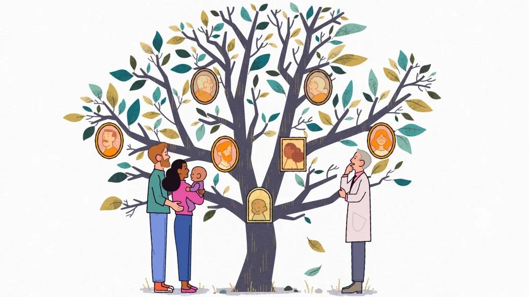 Illustration of doctor with family standing under family tree of medical conditions