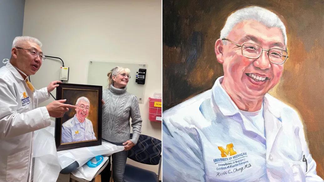 Split screen image. The picture on the left is of Dr. Chung holding a portrait of himself and he's standing next to Susie, the patient whose hand he repaired. The image on the right is a close up of the portrait of Dr. Chung.