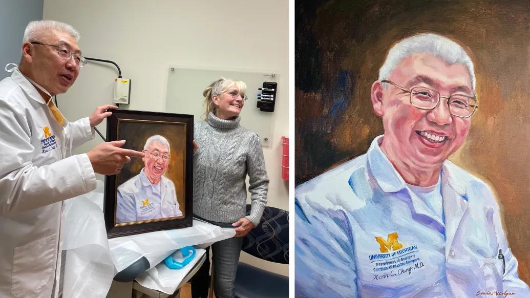 on left doctor holding picture in middle with woman on other side in exam room on right side a close up of the portrait of the doctor