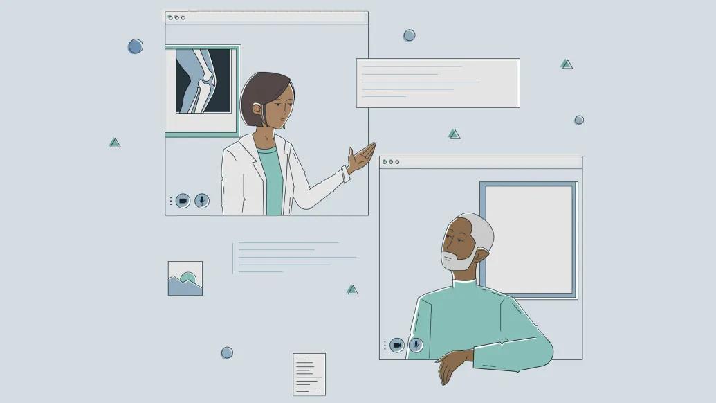 doctor talking to patient below in light grey light blue 