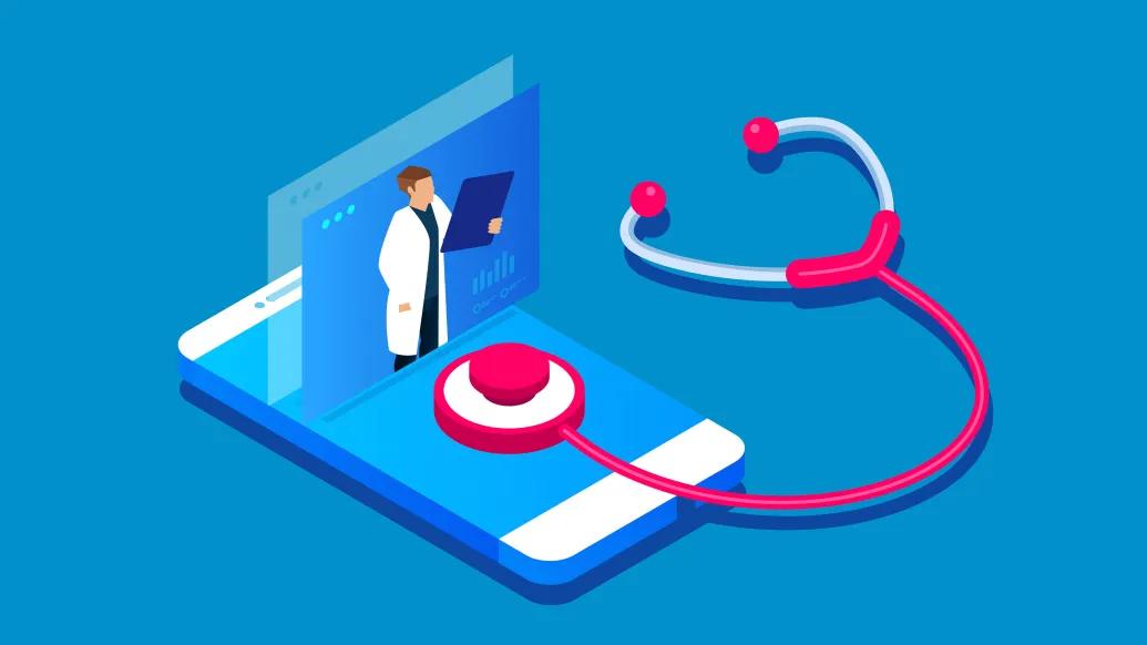 stethoscope listening to phone with doctor projected out of it