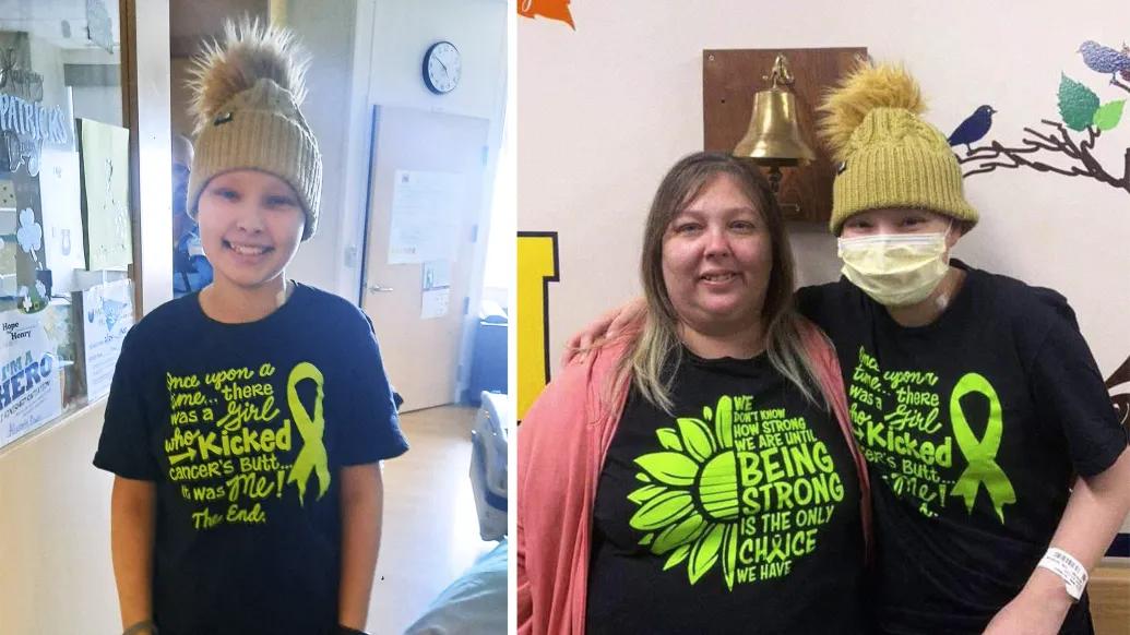 girl on left with tan hat beanie and black shirt and green writing and on right with mom smiling same outfit and matching shirts