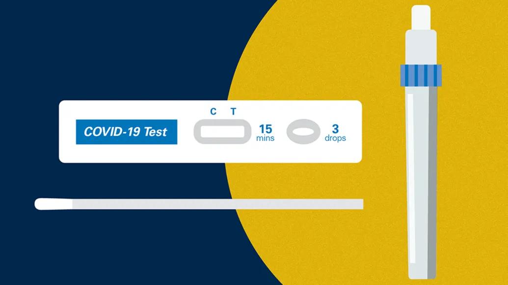 white and light blue covid test drawing with words covid-19 test written with yellow background and blue