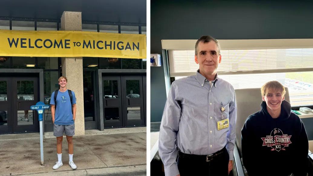 young adult man standin infront of welcome to michigan yellow sign and a photo next to that one of him sitting with a man standing next to him in glasses and UM badge and button down light blue shirt