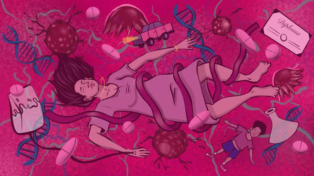 graphic drawing of woman falling and everything is pink and falling and floating with her like dna strands, cars, people, medicine, ID, blood vessels and cells