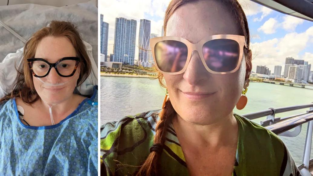 woman with glasses on left in hospital bed with breathing tubes in nose and woman with sunglasses on right 