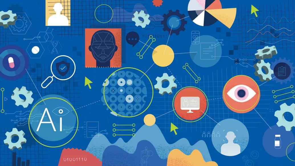floating AI-type images in red and blues and yellow on blue background