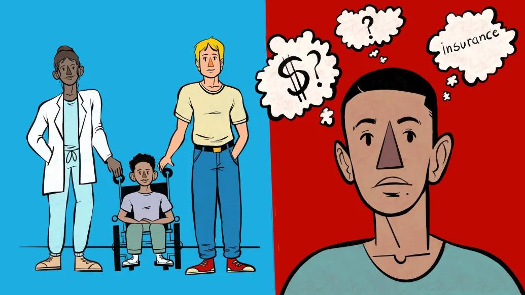 On left, a young boy in a wheelchair has his doctor standing to his left and his parent is standing to his right in a show of support. On the right side of the image, the boy is now an adult and is wondering about the cost of his care and if his questions will be answered.