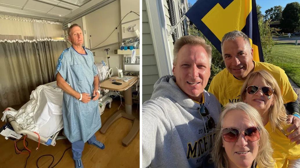 man recovering on left in hospital gown in hospital room and on right with friends taking selfie in michigan gear