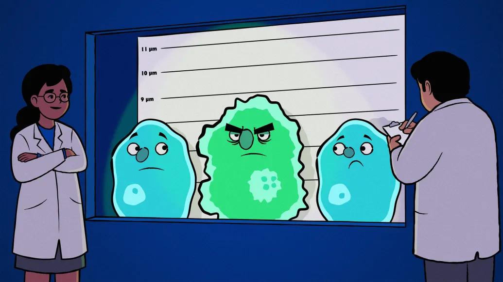drawing of three cells up against a wall behind glass, with two being blue and seeming innocent and the other green in the middle and angry, and scientists judging them and taking notes