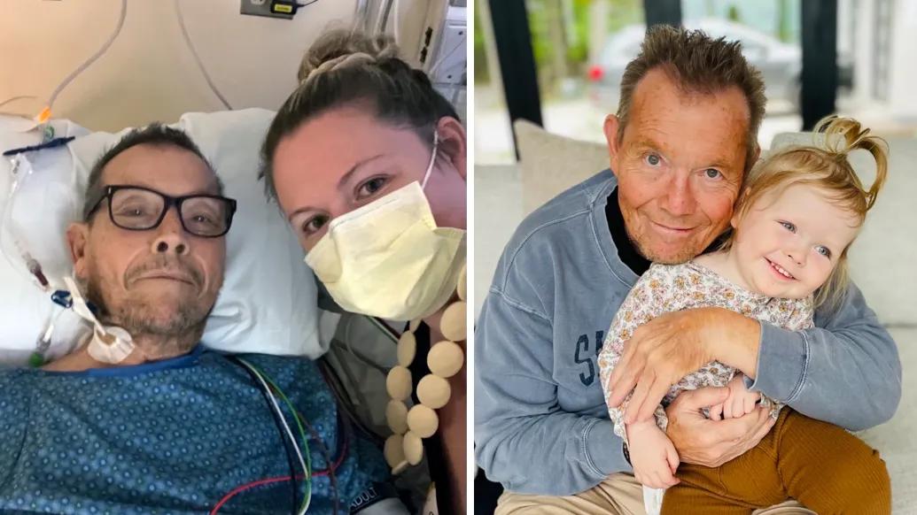 man in hopsital with daughter mask on left and man hugging granddaughter hugging right
