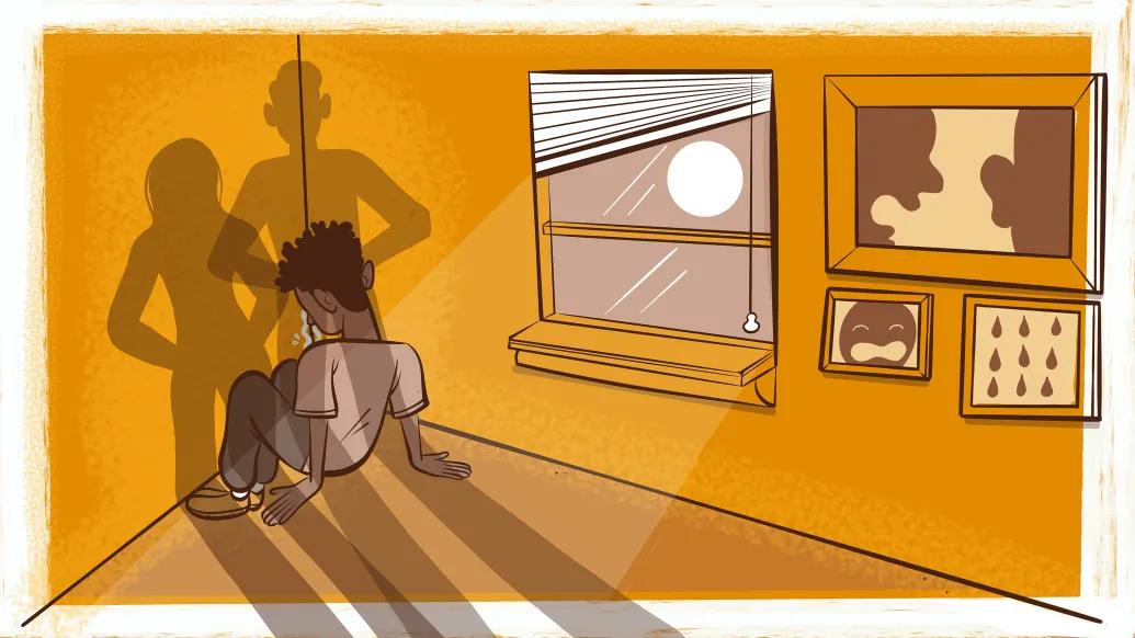kid in corner sad with shadow of two parents holding hands on hips looking mad and room and everything is yellow and a shadow of close up of parent yelling at a child in corner 