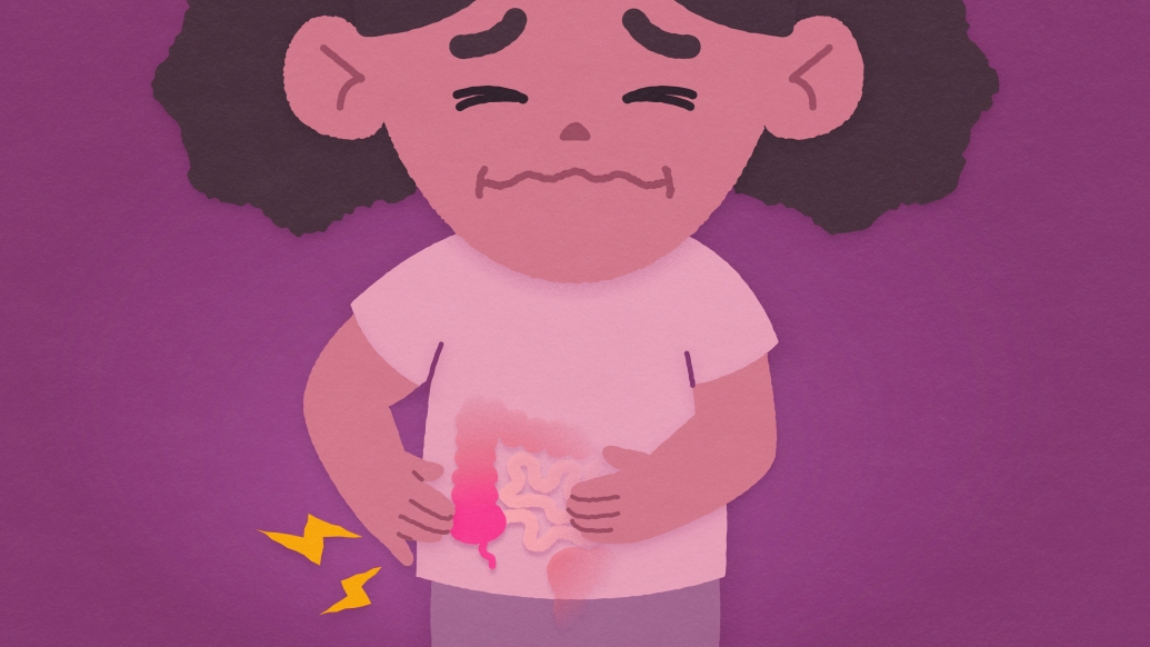 little girl in pain with pink background touching stomach and seeing inside red