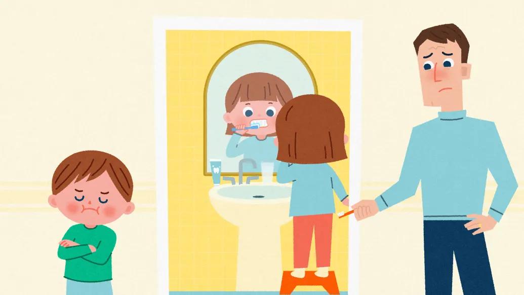 girl brushing teeth with family in bathroom looking in mirror drawing